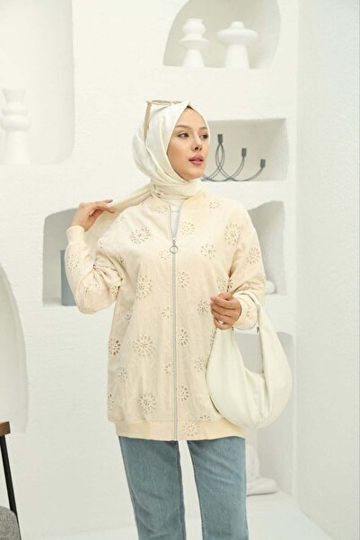 Moda Asrın Kadın Taş Işlemeli Brode Hırka Ekru