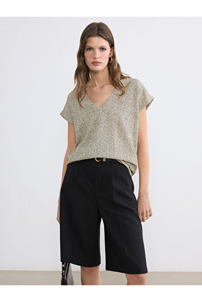 LC Waikiki Brown V-Neck Patterned Women's T-Shirt