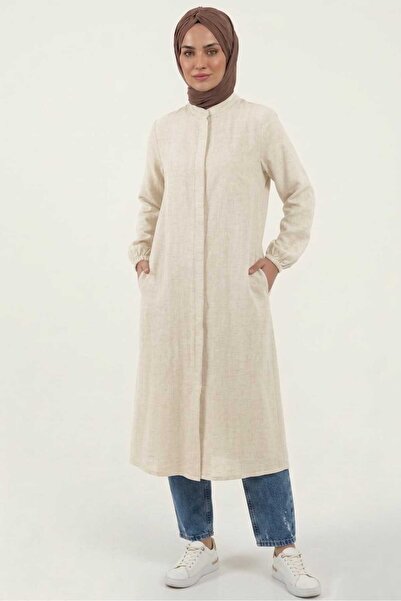 PORİENTO Ecru 100% Cotton Muslin Fabric Zippered Long Hijab Women's Tunic - C...