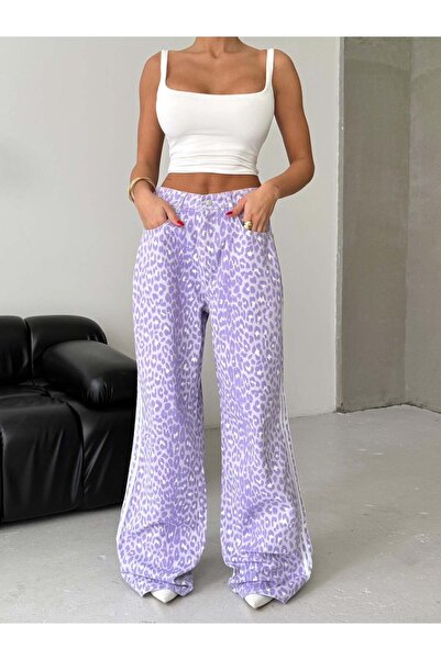 HerTon Women's Leopard Patterned High Waist Wide Leg Pants with Stripe Detail