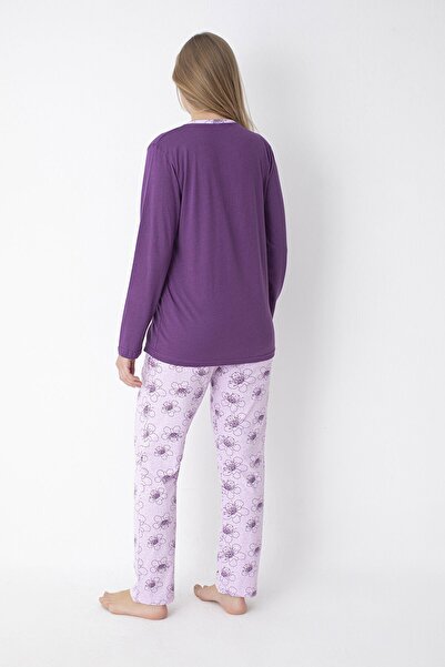 SENFONİ Mor Çiçek Desenli %100 Pamuk Pijama Takımı – Rahat ve Konforlu Ev Giyimi