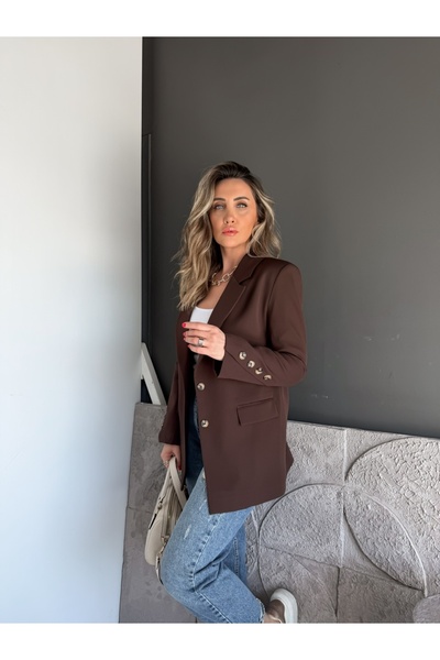 Zerrincan Giyim Kahve Asimetrik Düğmeli Blazer Ceket