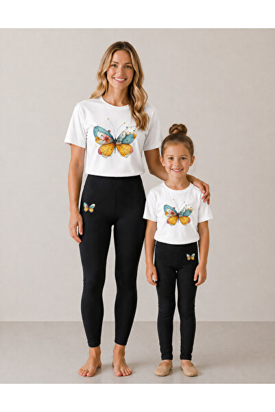 VODEXA Set de tricou și colanți pentru mamă și fiică, 100% bumbac, elastic, c...