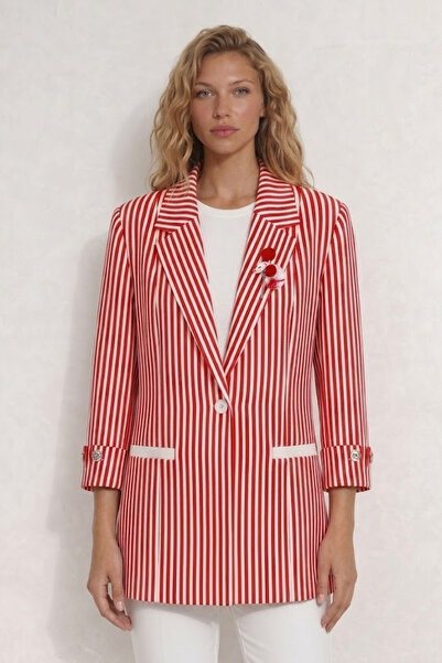 WHİTE DİAMOND Kadın Turuncu Kol ve Broş Detaylı Çizgili 3/4 Kol Blazer Ceket