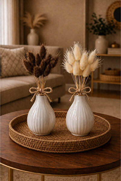 ÇINARASYADAHOME Kahve-Beyaz Lagurus Bunny Tail Grass 2 Demet 10'lu 30-40 cm Ş...