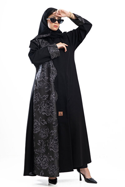 Hasnaa Abaya عباية وله بتدخيلات قماش جاكار رمادي