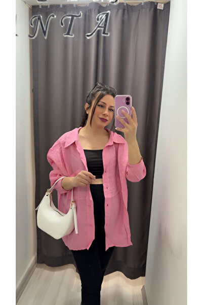 VENTUS MODA&ÇANTA Pembe Oversize Salaş Düşük Omuzlu Gömlek