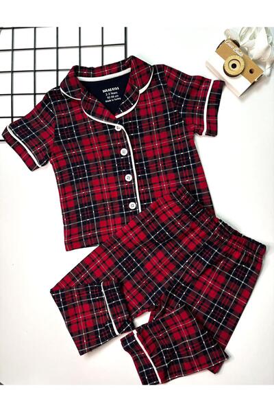 cacobutik Children's Plaid Short-Sleeved Buttoned Pajama Set Unisex Plaid Model