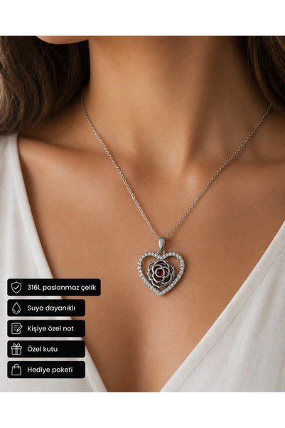 HER ŞEY NOTA www.herseynota.com Heart Rose Design Women's Necklace Red Detail...
