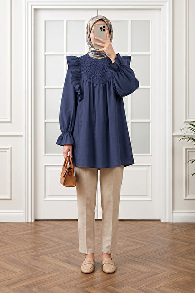 MODAQU Lace Embroidered Ruffled Shoulder Tunic - Navy Blue