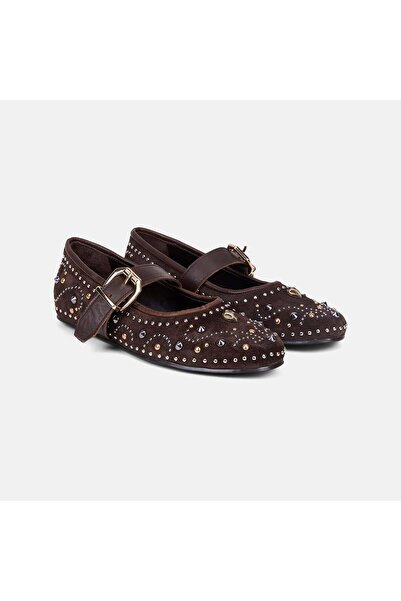 Desa Women's Bitter Brown Mary Jane Suede Ballerinas with Staple Accessories