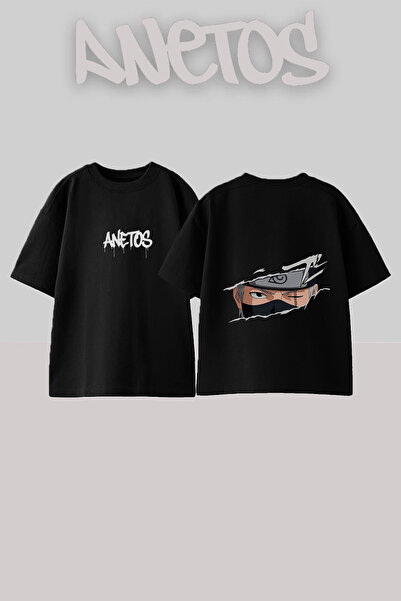 Anetos Μπλουζάκι Kakashi Hatake με στάμπα στην πλάτη, βαμβακερό, μαύρο, overs...