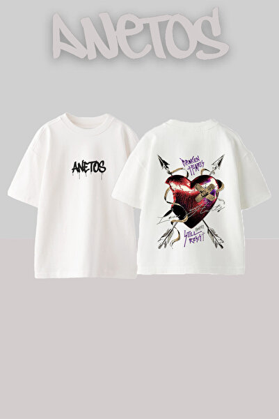 Anetos Tricou oversize alb din bumbac cu imprimeu pe spate Broken Heart Design
