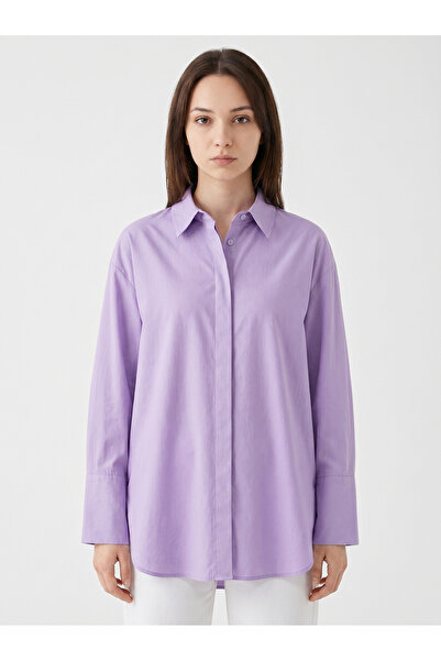 Suem Butik Lila Oversize Arkası Uzun Poplin Gömlek