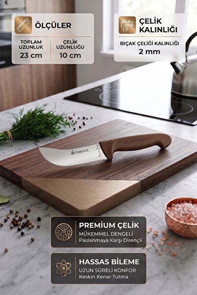 SÜRMENOX Sürmene Silver Serisi 3 lü Mutfak Bıçak Seti Kahve Sap Yüzme Sıyırma Kasap Et Ekmek Sebze Bıçağı HDx-104