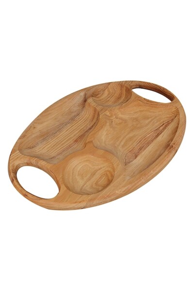 OEM Platou de servire cu mânere, compartimentat, din lemn, oval, maro, 30x30 cm