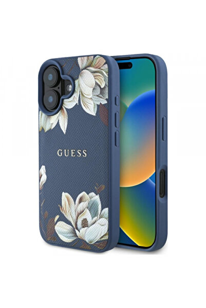 Stef's Cat Θήκη MagSafe για Apple iPhone 16, Guess, Ανάγλυφα Λουλούδια, Μπλε