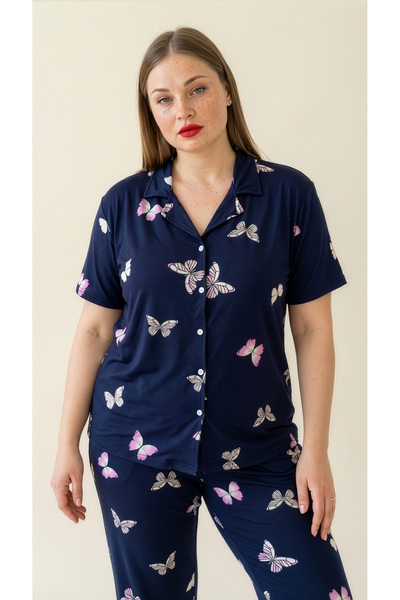 Arzey Navy Blue Butterfly Patterned Bamboo Short Sleeve Plus Size Front Buttoned Pajama Set