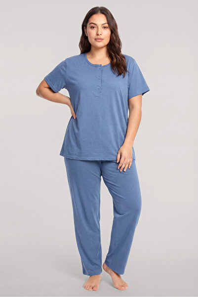 Akbeniz Σετ πιτζάμες μεγάλου μεγέθους με κουμπιά και κοντά μανίκια, μπλε