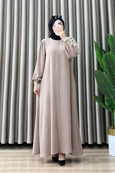 mercan moda LEMAN FERACE Rabia Krep Kumaş Kadın Açık Vizon Boydan Gizli Fermu...
