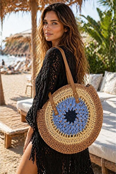 BALIENTE Στρογγυλή χειροποίητη πλεκτή ψάθινη γυναικεία τσάντα με δερμάτινο λο...