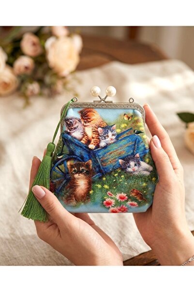 Home 14x16 cm ölçülerinde Mini Uzun Cüzdan Dokuma Keten Kedi Desenli %100 El ...