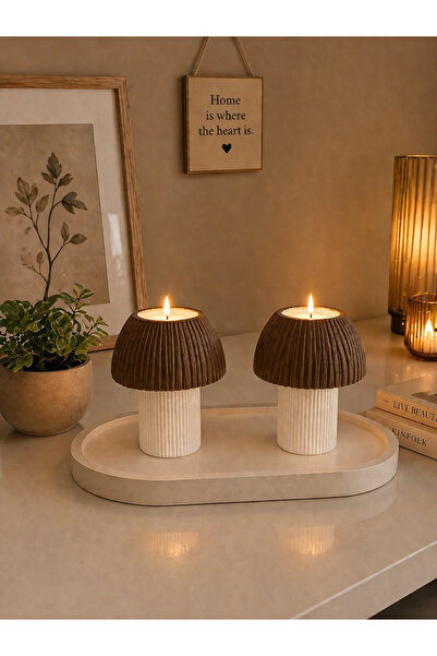 BUBUHOMEDECOR Tabaklı Kahve Mantar Dekoratif Set 2li