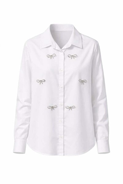 Miss Poem Γυναικείο λευκό πουκάμισο με λεπτομέρεια από φιόγκο