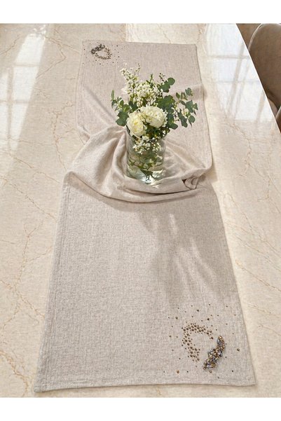 desicap Beige Runner with Gold Crown Embroidery 40×140 cm Linen Tablecloth