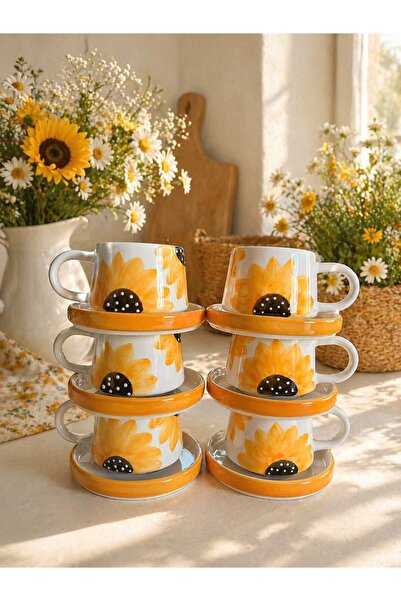 CEYU SERAMİK Sunflower Patterned Ceramic Coffee Cup Set of 6 (with Saucer)