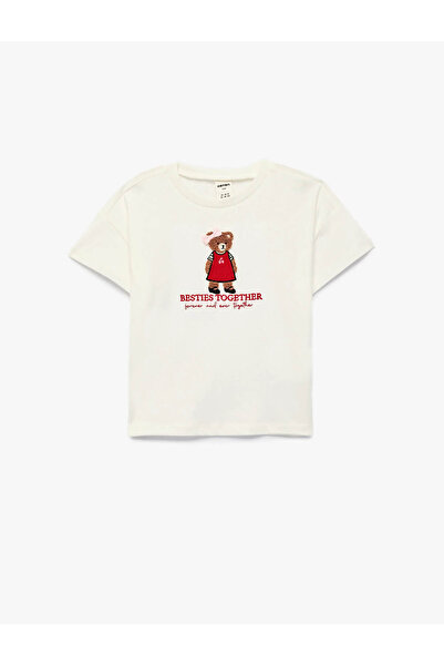 Koton Κεντημένο T-Shirt για κοριτσάκι με λαιμόκοψη ποδηλάτου, βαμβακερό εκρού...