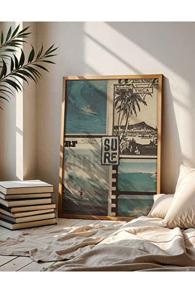 Creatick Design Surf Temalı Ahşap Çerçeveli Retro Duvar Tablosu - Minimalist ...