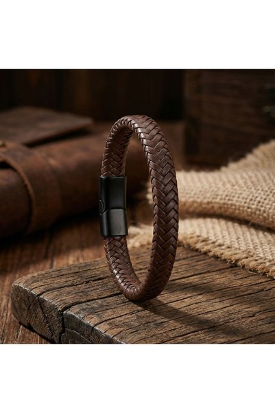 ALZA Genuine Leather Men's Knitted Bracelet