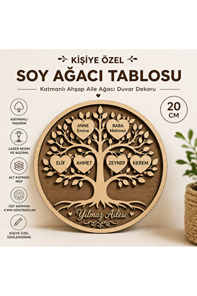 Kutup Yıldızı Tasarım Atölyesi Kişiye Özel Soy Ağacı Tablosu Katmanlı Ahşap A...