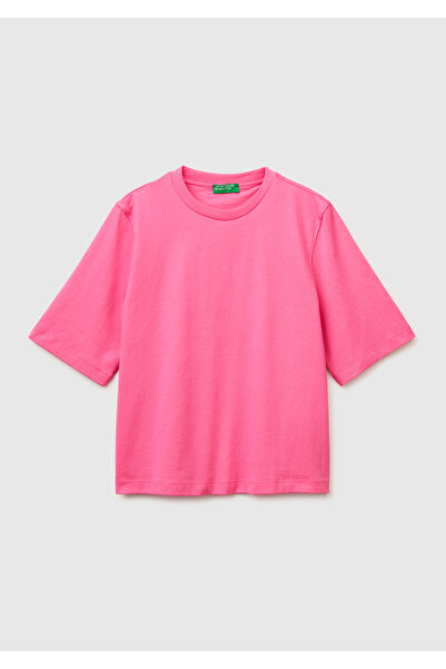 United Colors of Benetton Γυναικείο μπλουζάκι φούξια 100% βαμβακερό, με φαρδύ...
