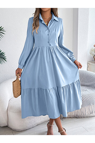 Take Two By Styli Light Blue A-Line Midi Dress with Long Sleeves