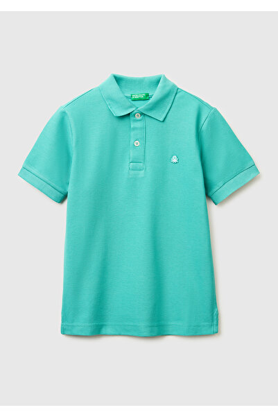 United Colors of Benetton Erkek Çocuk Mavi-yeşil Logolu Pike Polo T-Shirt