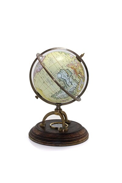 Store Pirinç Pusulalı Dünya Küre Dekoratif Obje 25x15 Cm Vintage Tasarım