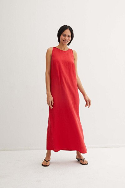 Silk and Cashmere Kırmızı Kate Keten Kayık Yaka Uzun Elbise