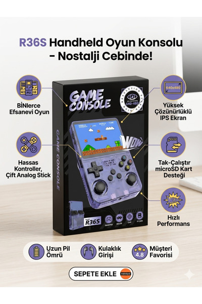 instatech R36S Retro Handheld Oyun Konsolu 64 GB 15.000+ Oyunlu 3.5 inç IPS E...