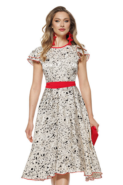 Fofy Rochie eleganta midi ecru cu imprimeu negru și accente roșii