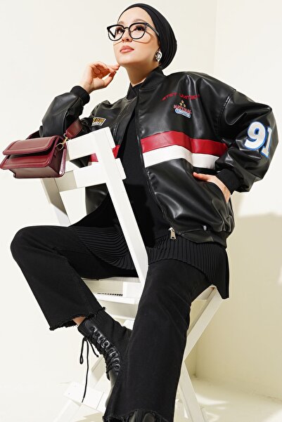 Hiccup Bdart Color Blocked Oversize Faux Leather Bomber Jacket