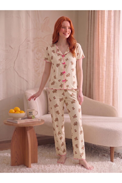 Biraltı Moda Σετ πιτζάμες με κοντά μανίκια και λεπτομέρεια φιόγκου