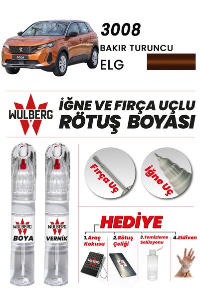 Wulberg Peugeot 3008 Bakır Turuncu ELG Rötuş Boya 25 ml + Vernik İğne & Fırça Uçlu Kalıcı Çizik Giderici