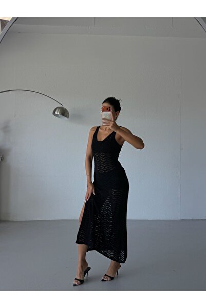 CuteLovesa Strappy V-Neck Zigzag Pattern Slit Detailed Long Cotton Knitwear Beach Dress