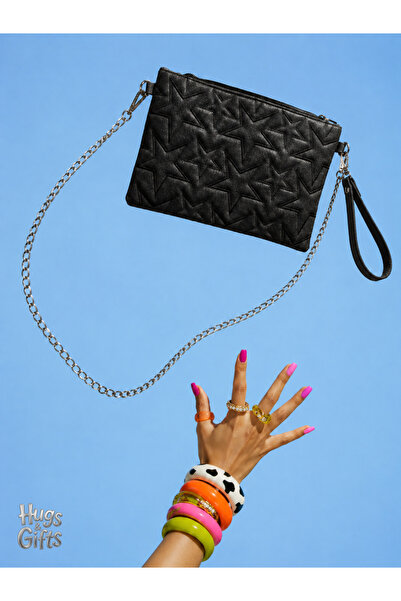 Hugs and Gifts Simli Siyah Zincir Askılı Clutch Çanta ✨