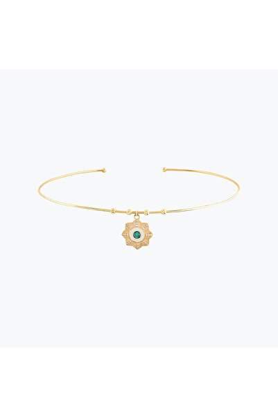 Goldium Jewellery Goldium Yuvarlak Firuze Taşlı Çiçek Madalyon Uçlu Tel Choker