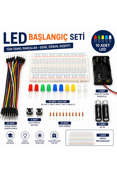 Sakin Sokak LED Deney Başlangıç Seti – Breadboard Jumper Buton Direnç Pil Dah...