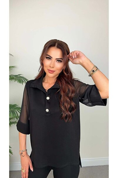 DİDEM GÜLTAKTI Sanro Kadın Kol Şifon Detaylı Siyah Bluz