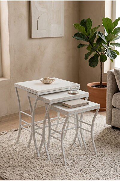 Sweet Home Masa Sandalye Eyfel Zigon Sehpa 3'lü Set, Metal Ayak, İç İçe Geçeb...